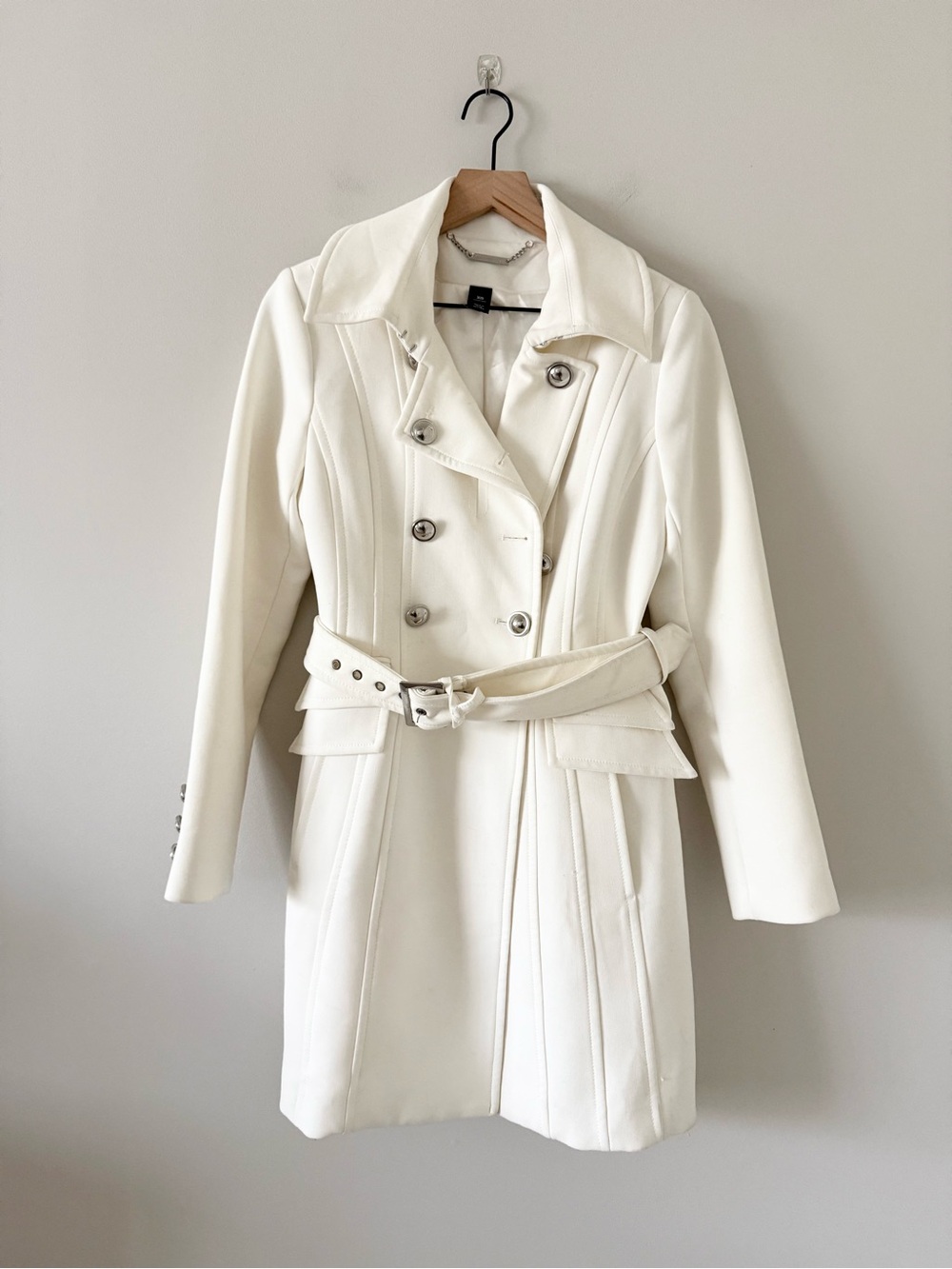 WHBM Women's Cream Double-Breasted Belted Long Pea Coat Silver Hardware Size XS